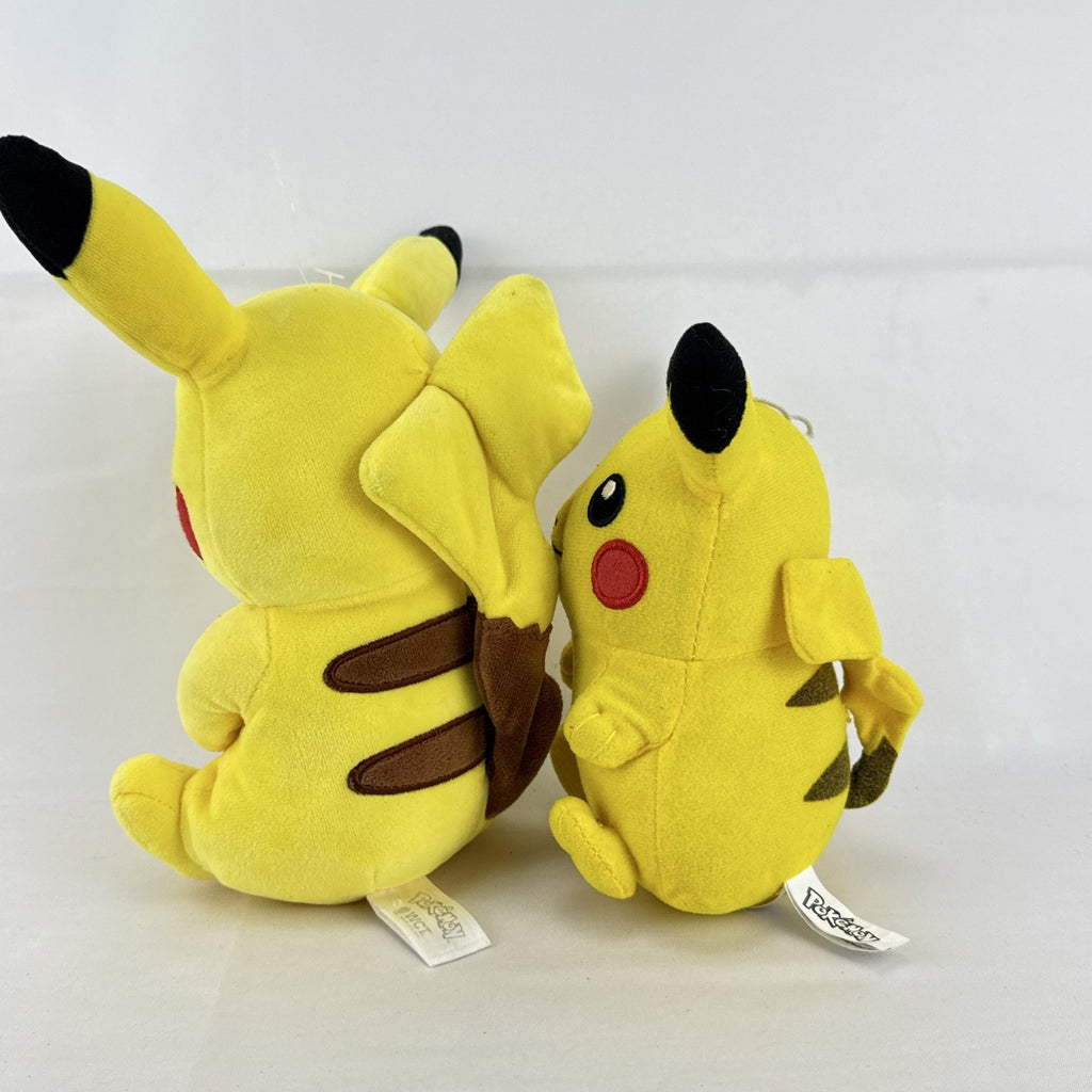Pair of two yellow Pokémon Pikachu plush stuffed animals in 7-inch and 8.5-inch sizes.