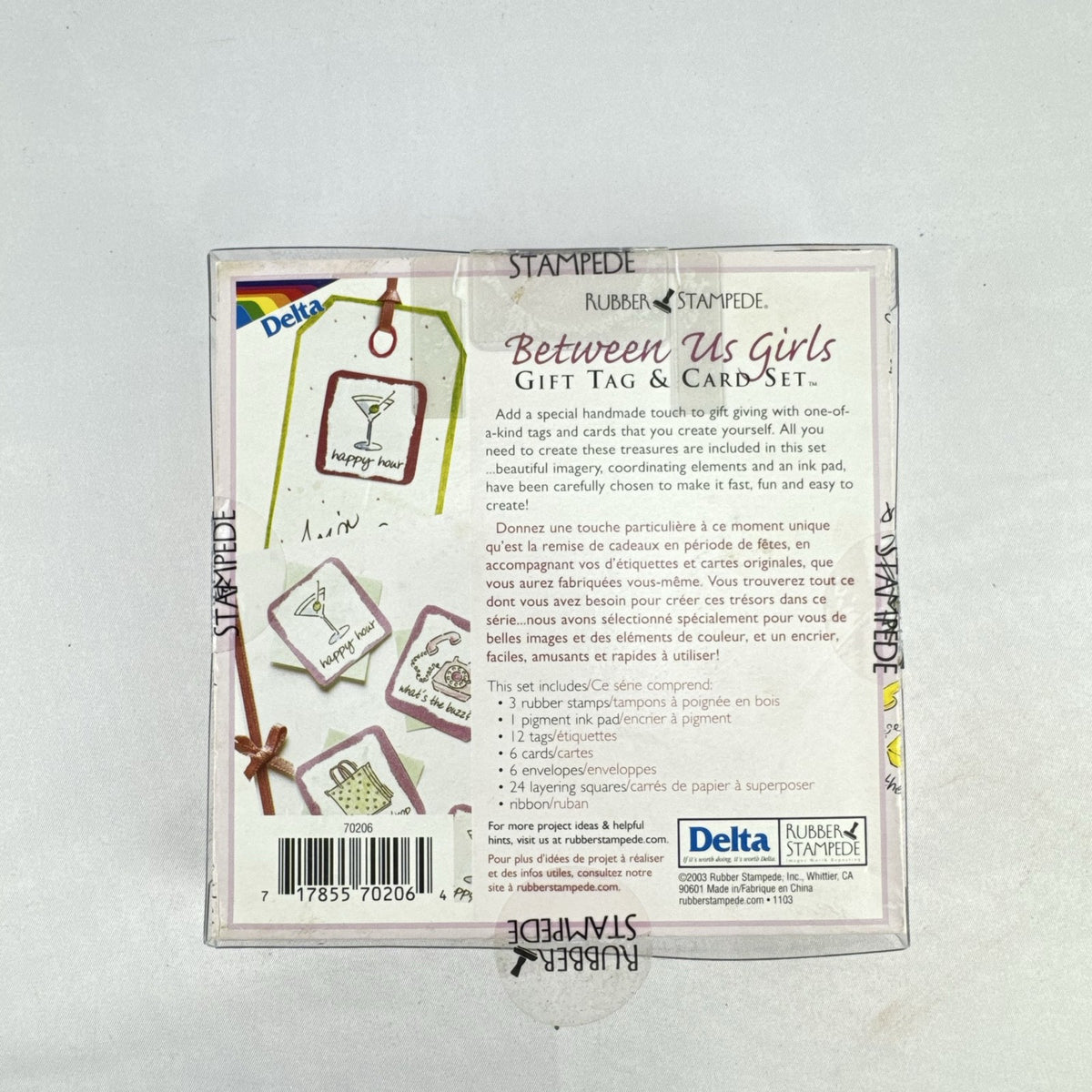 Factory sealed Rubber Stampede Between Us Girls gift tag and card kit featuring wood stamps and retro motifs