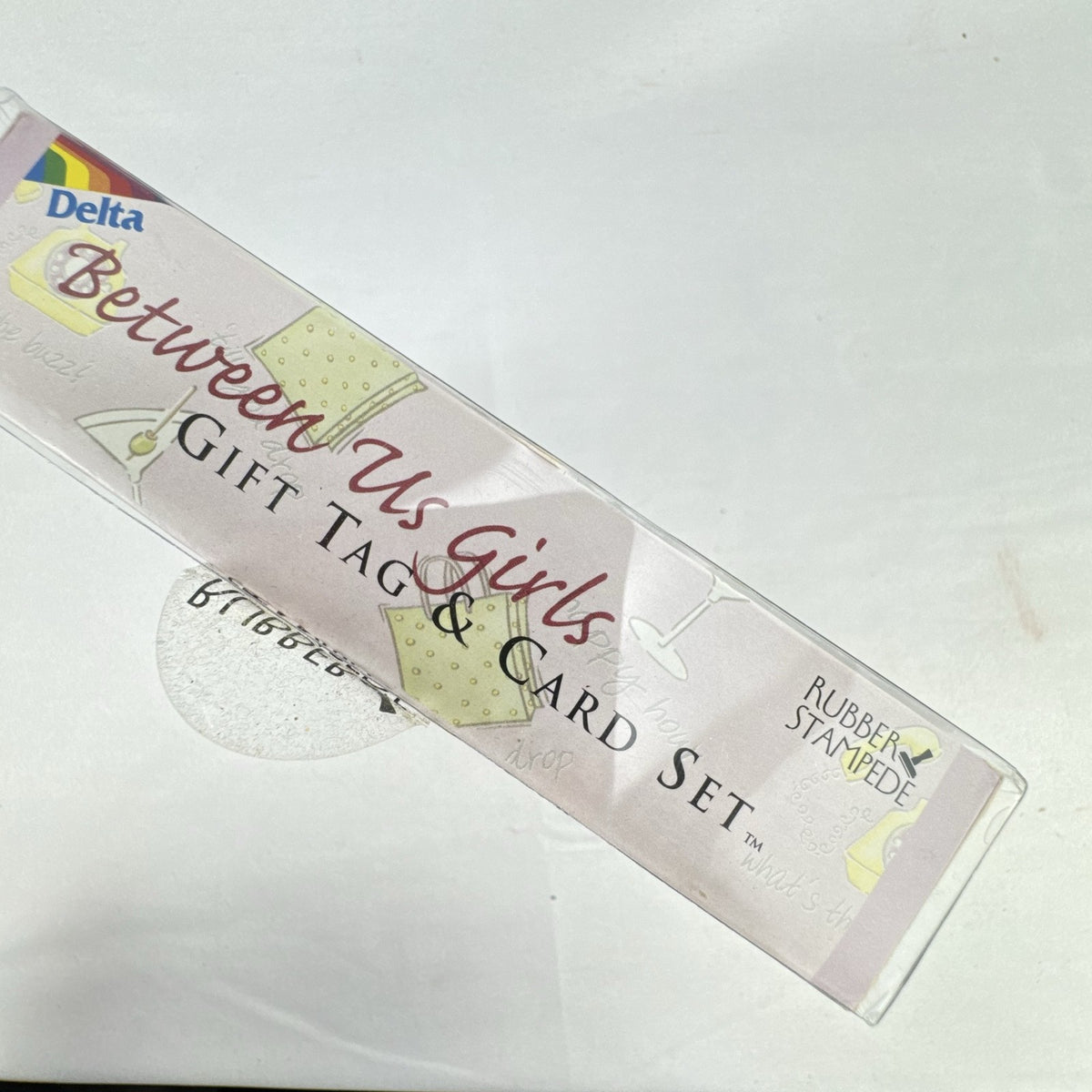 Factory sealed Rubber Stampede Between Us Girls gift tag and card kit featuring wood stamps and retro motifs