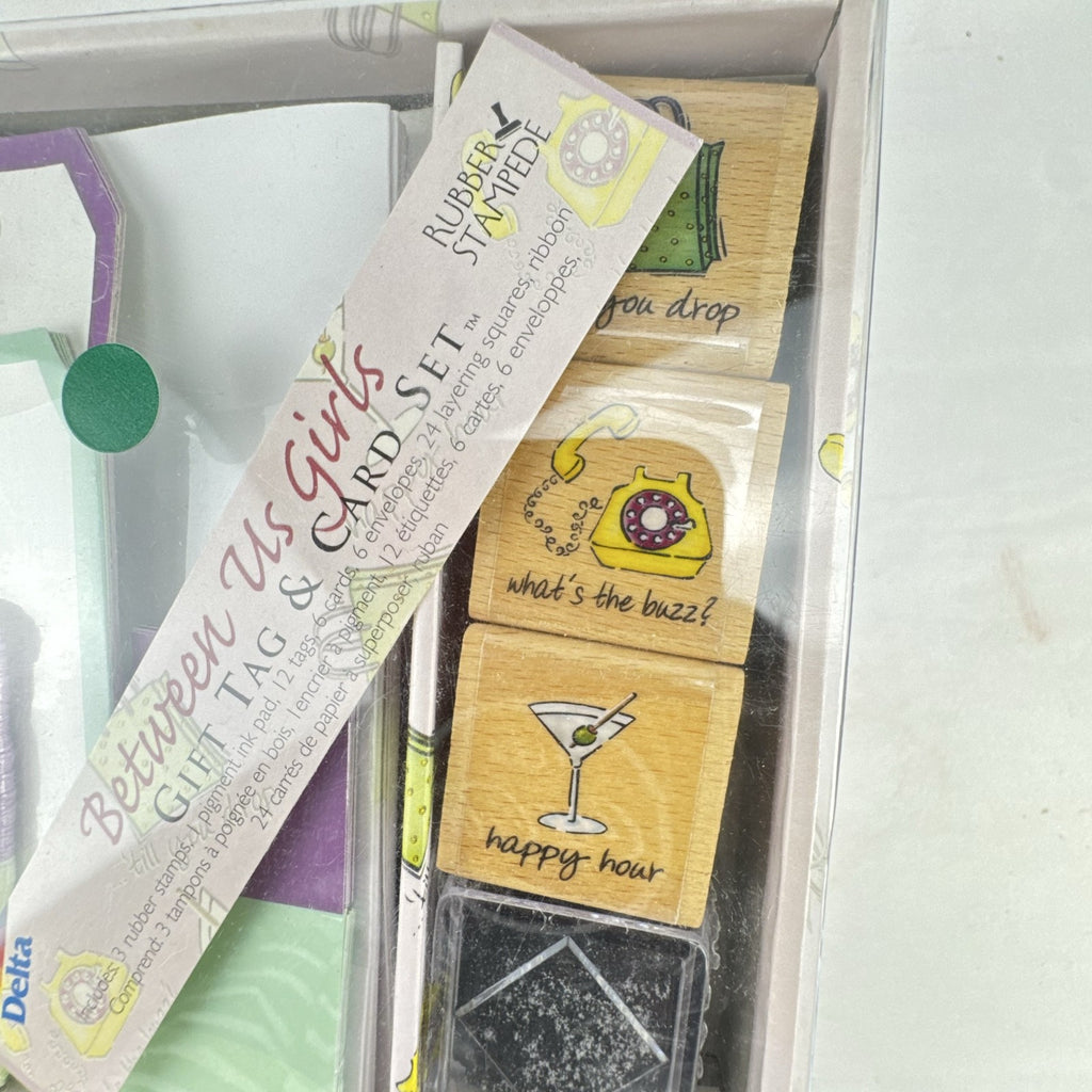 Factory sealed Rubber Stampede Between Us Girls gift tag and card kit featuring wood stamps and retro motifs