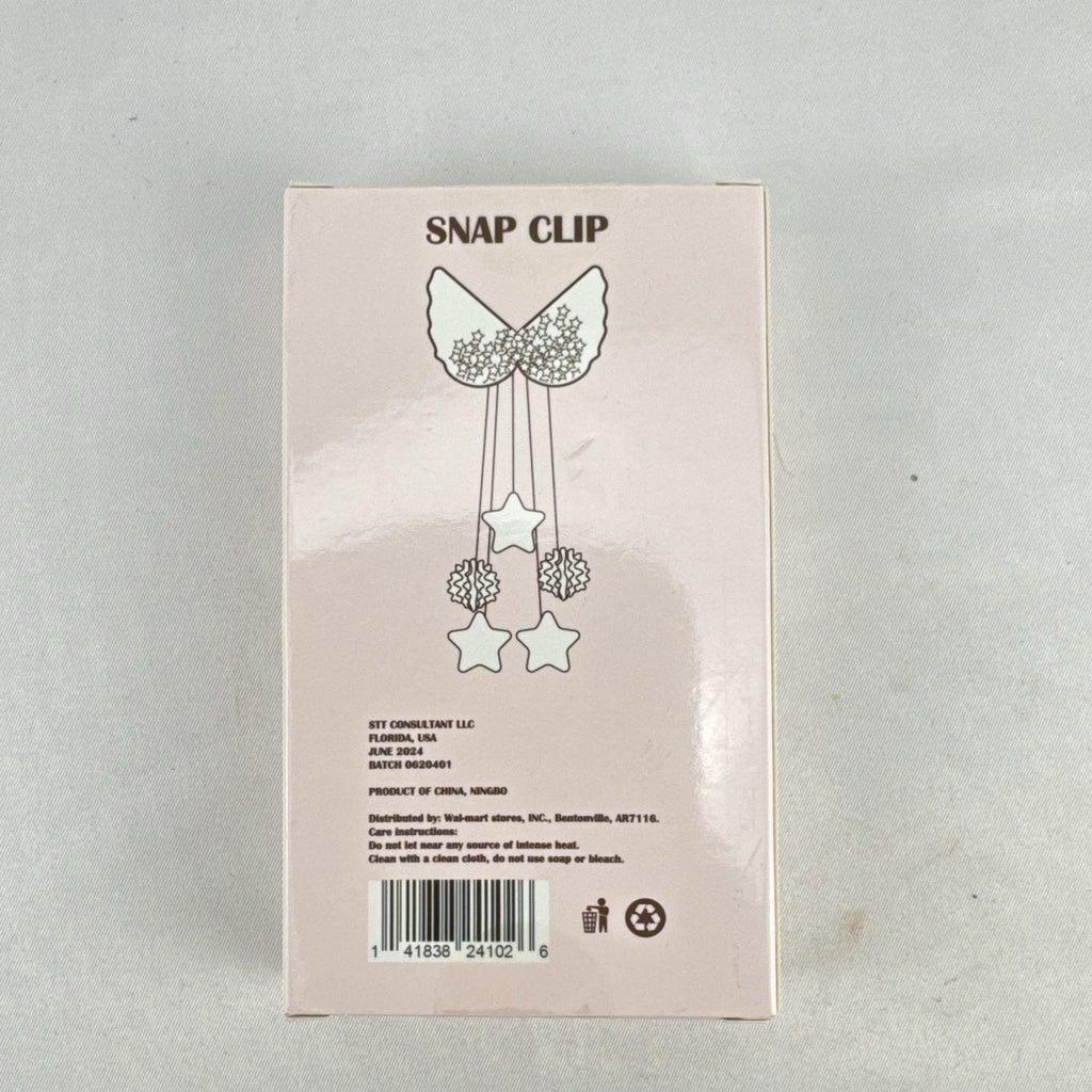 Iridescent pink angel wings snap hair clip with star dangles and glitter in original retail packaging