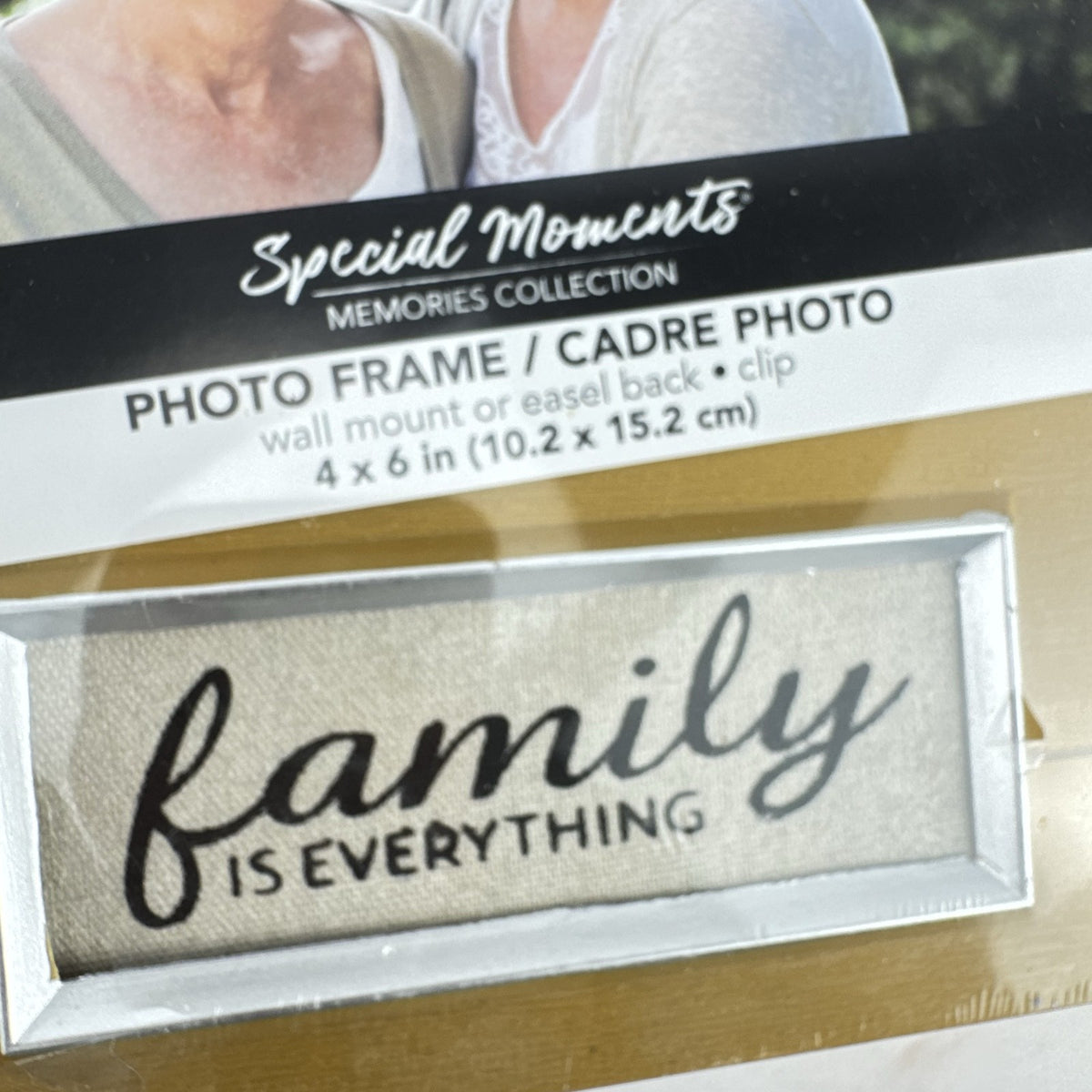 Special Moments rustic wood-grain 4x6 clip photo frame with Family Is Everything sentiment plaque
