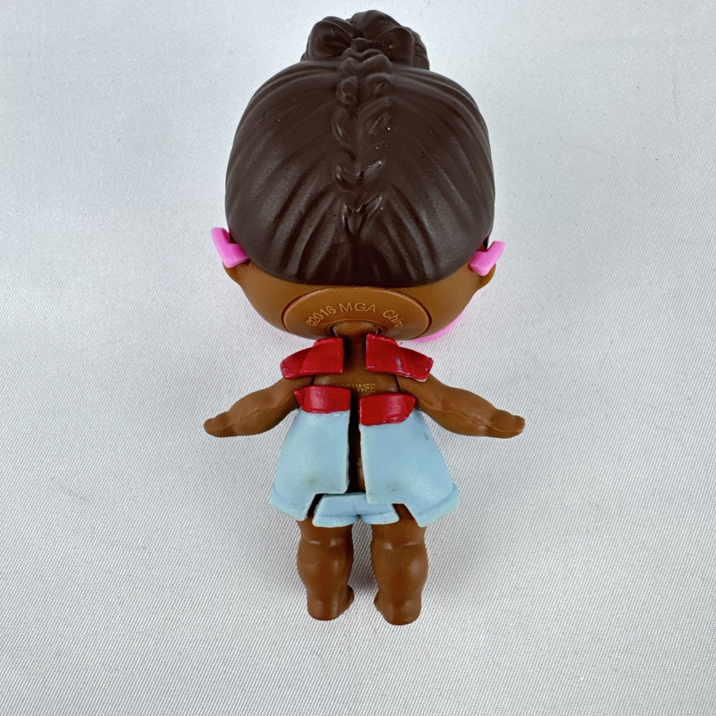 MGA L.O.L. Surprise! 3-inch doll with brown hair bun, pink glitter cat-eye glasses, and red tie-front outfit