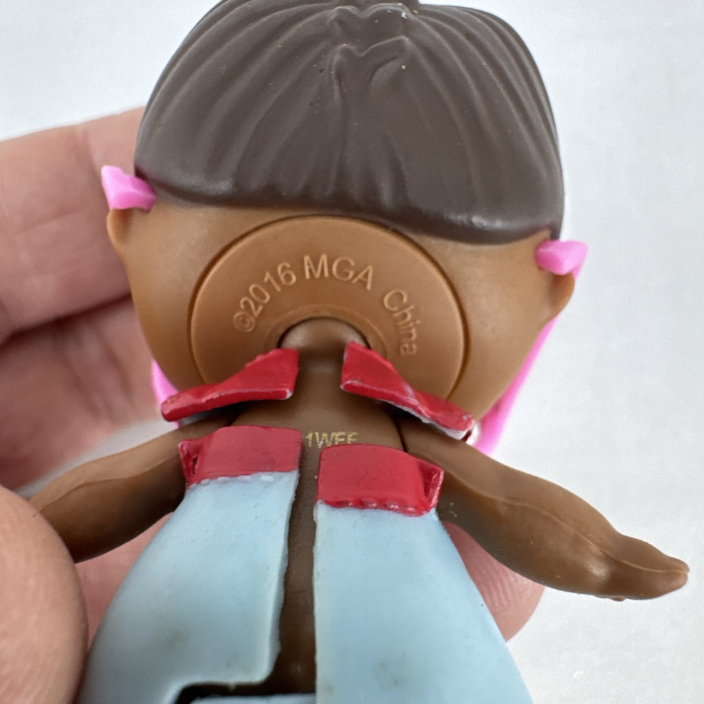 MGA L.O.L. Surprise! 3-inch doll with brown hair bun, pink glitter cat-eye glasses, and red tie-front outfit