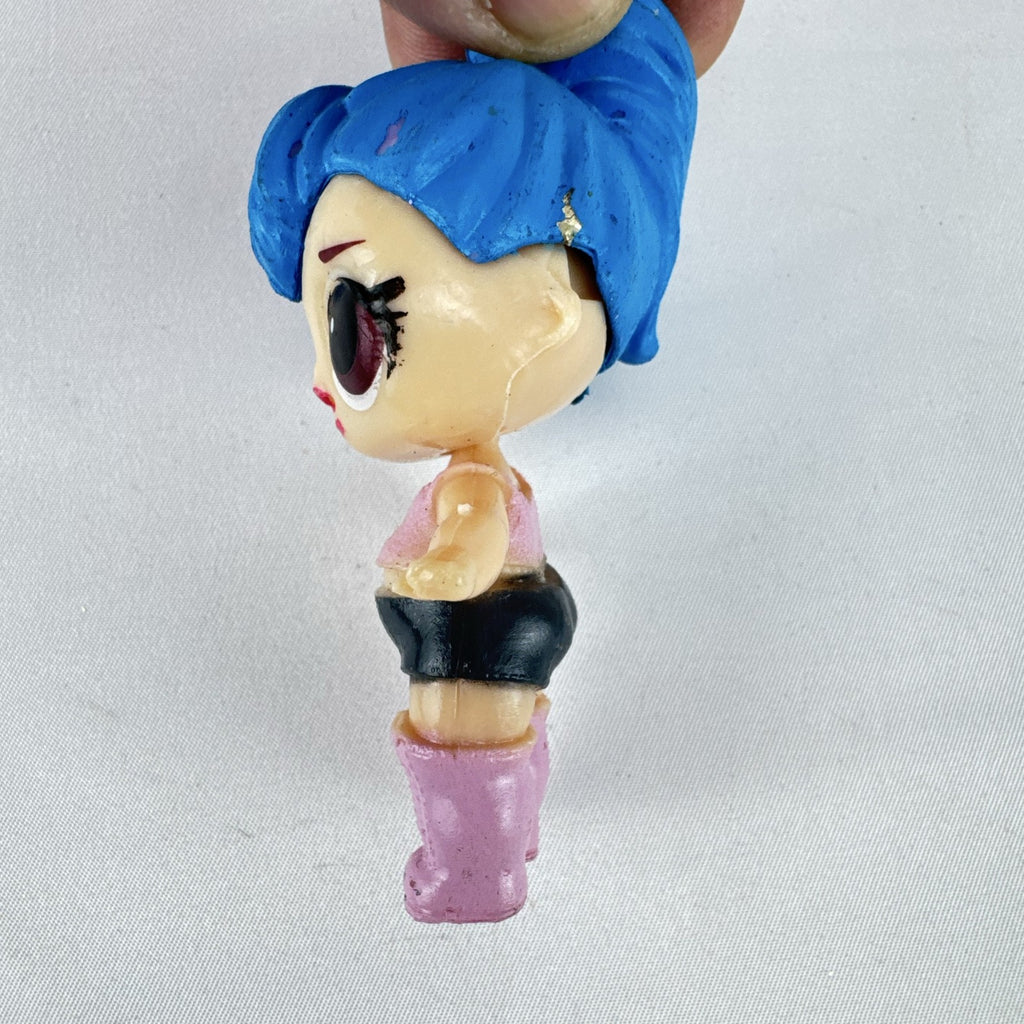 Front view of 3-inch L.O.L. Surprise style Center Stage mini doll figure with blue sculpted hair and pink boots