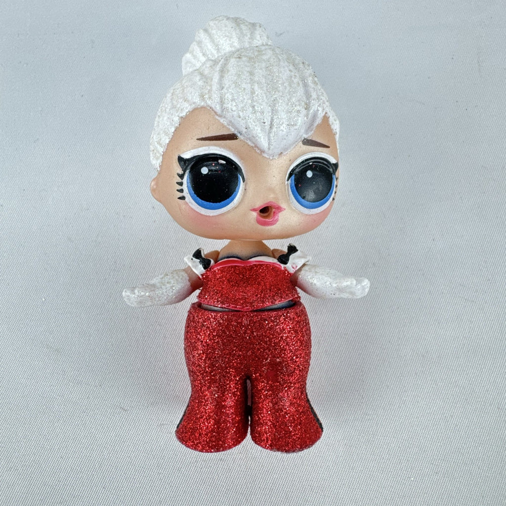 MGA L.O.L. Surprise Holiday Glitter 3-inch mini doll with white glitter hair and red sparkly outfit