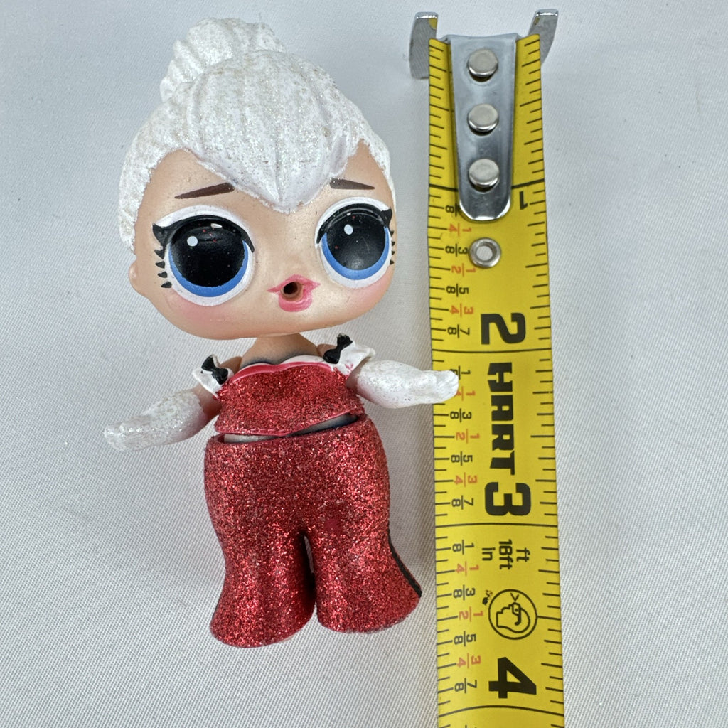 MGA L.O.L. Surprise Holiday Glitter 3-inch mini doll with white glitter hair and red sparkly outfit