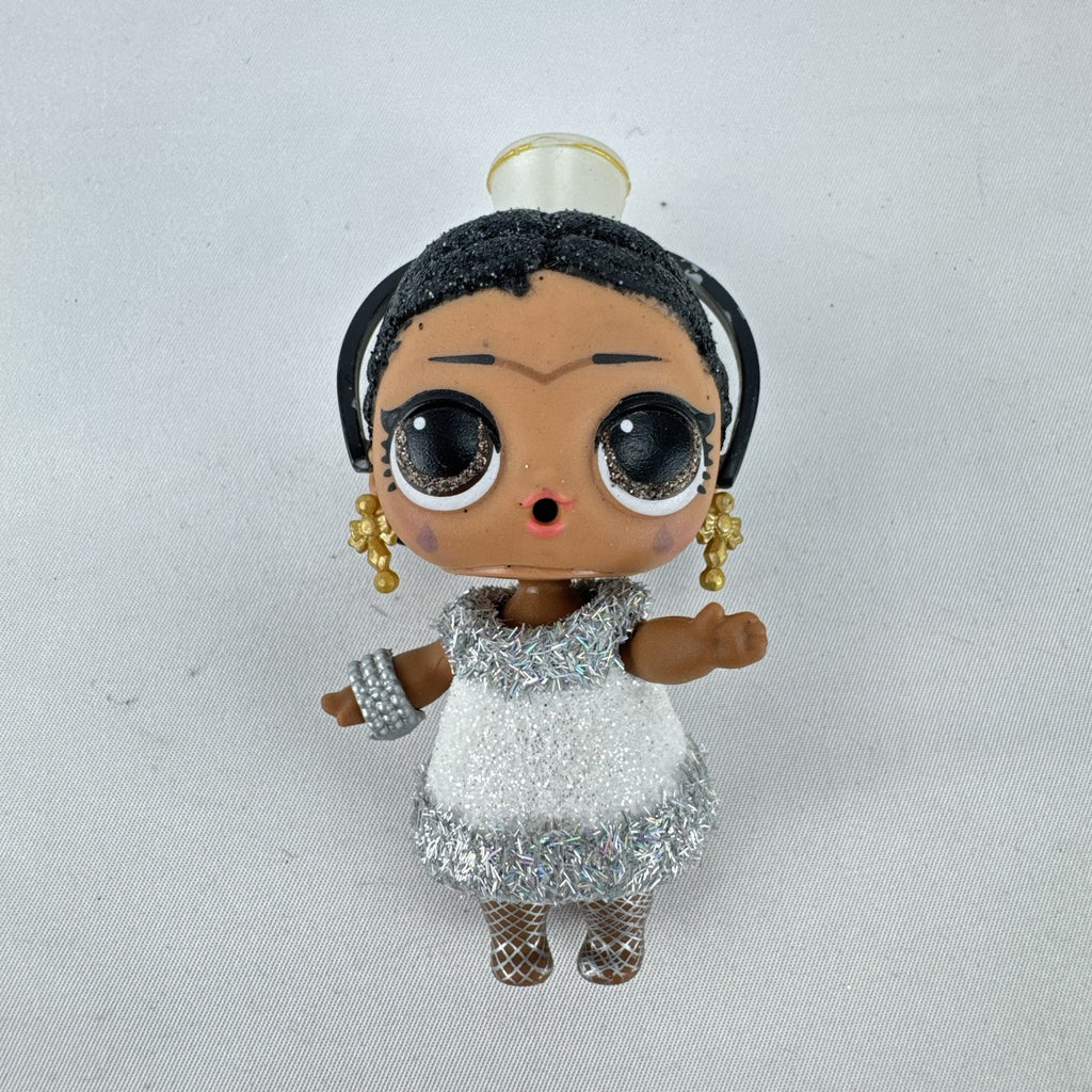 MGA L.O.L. Surprise 3-inch doll with black glitter hair buns and silver tinsel dress