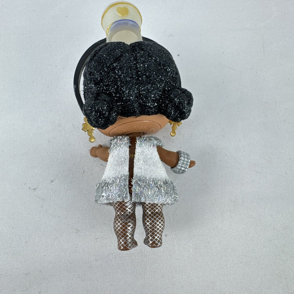 MGA L.O.L. Surprise 3-inch doll with black glitter hair buns and silver tinsel dress