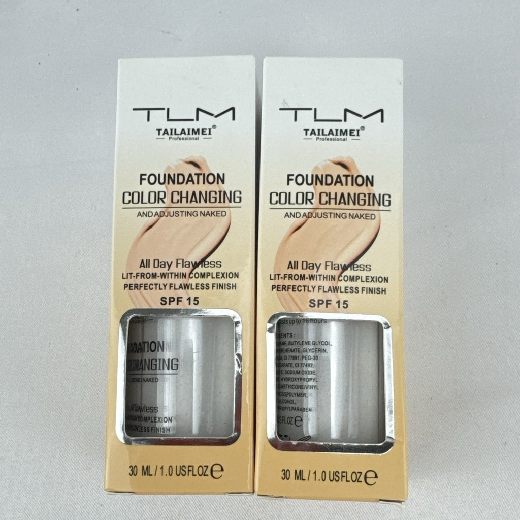 Two bottles of TLM Color Changing Liquid Foundation with SPF 15 in original packaging