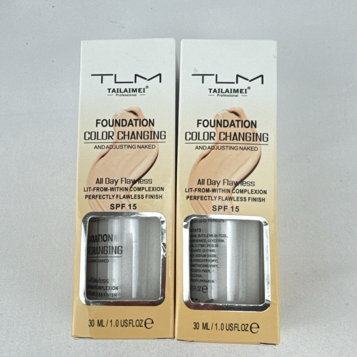 Two bottles of TLM Color Changing Liquid Foundation with SPF 15 in original packaging
