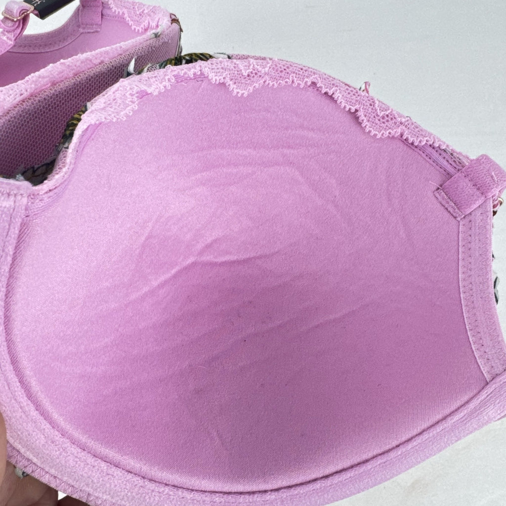 Victoria's Secret size 34D pink mesh lightly lined underwire bra with multicolor floral embroidery.