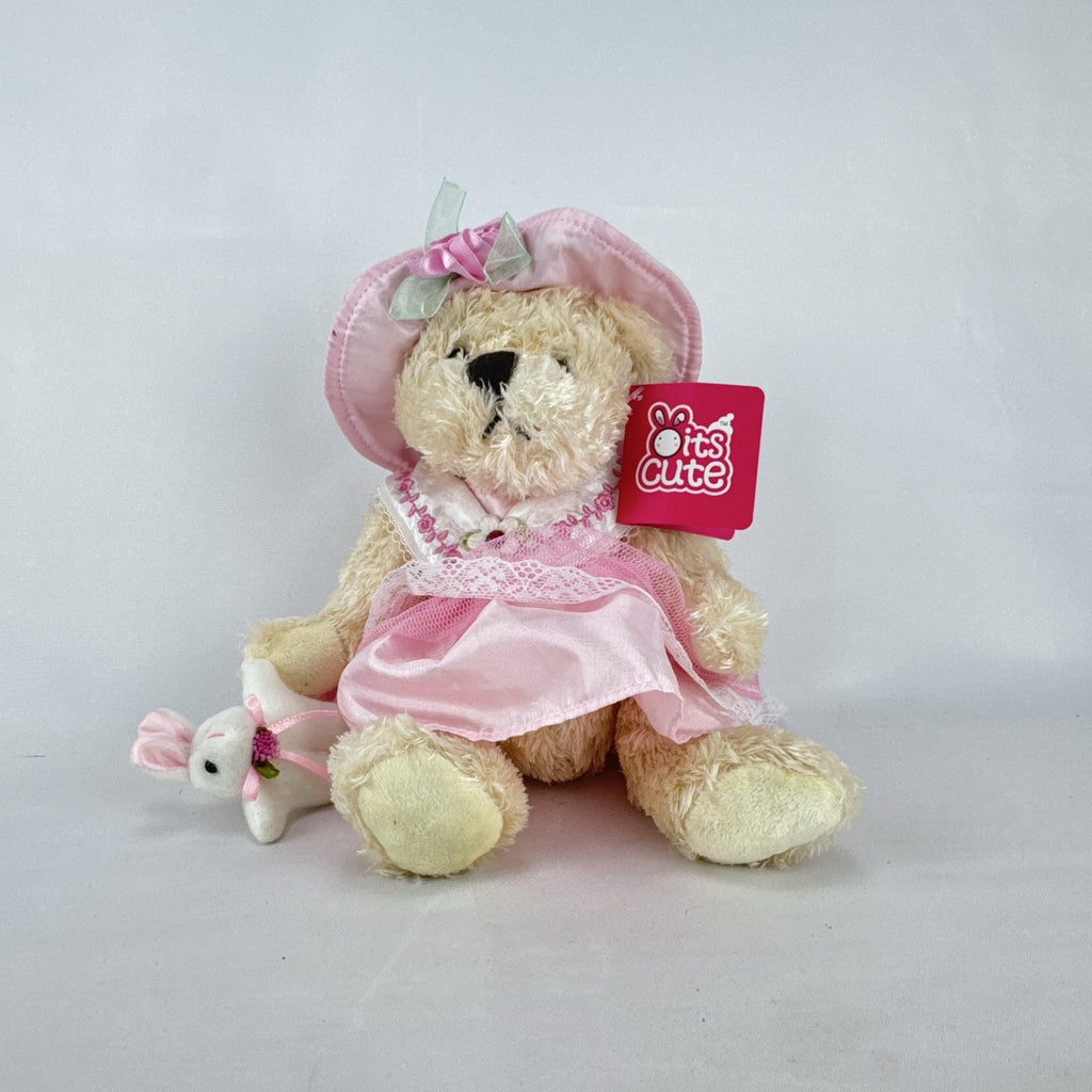 Oitscute 9-inch beige plush teddy bear wearing a pink lace dress and bonnet while holding a mini white bunny