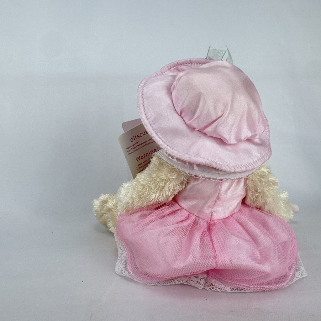 Oitscute 9-inch beige plush teddy bear wearing a pink lace dress and bonnet while holding a mini white bunny