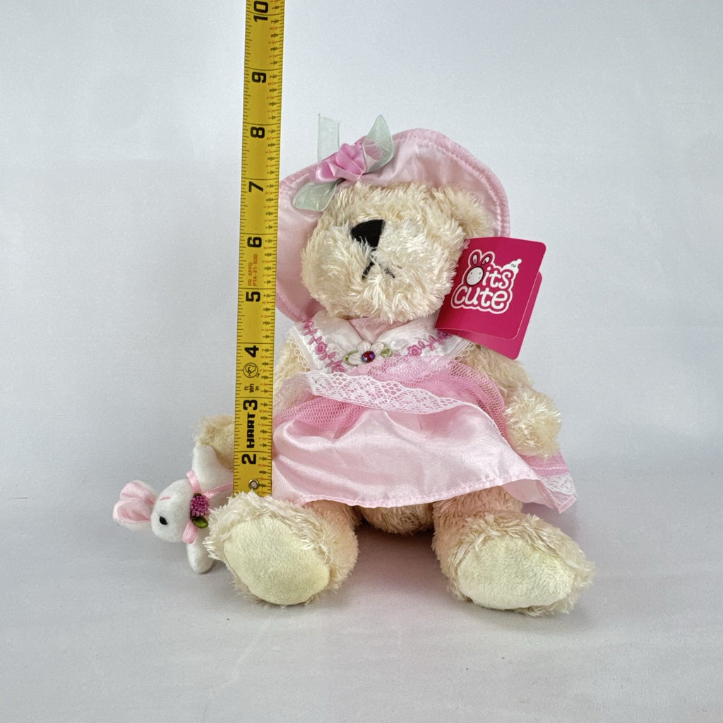 Oitscute 9-inch beige plush teddy bear wearing a pink lace dress and bonnet while holding a mini white bunny