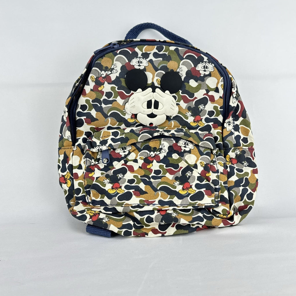 Zara Disney Mickey Mouse mini backpack in multicolor camouflage canvas with front rubber graphic