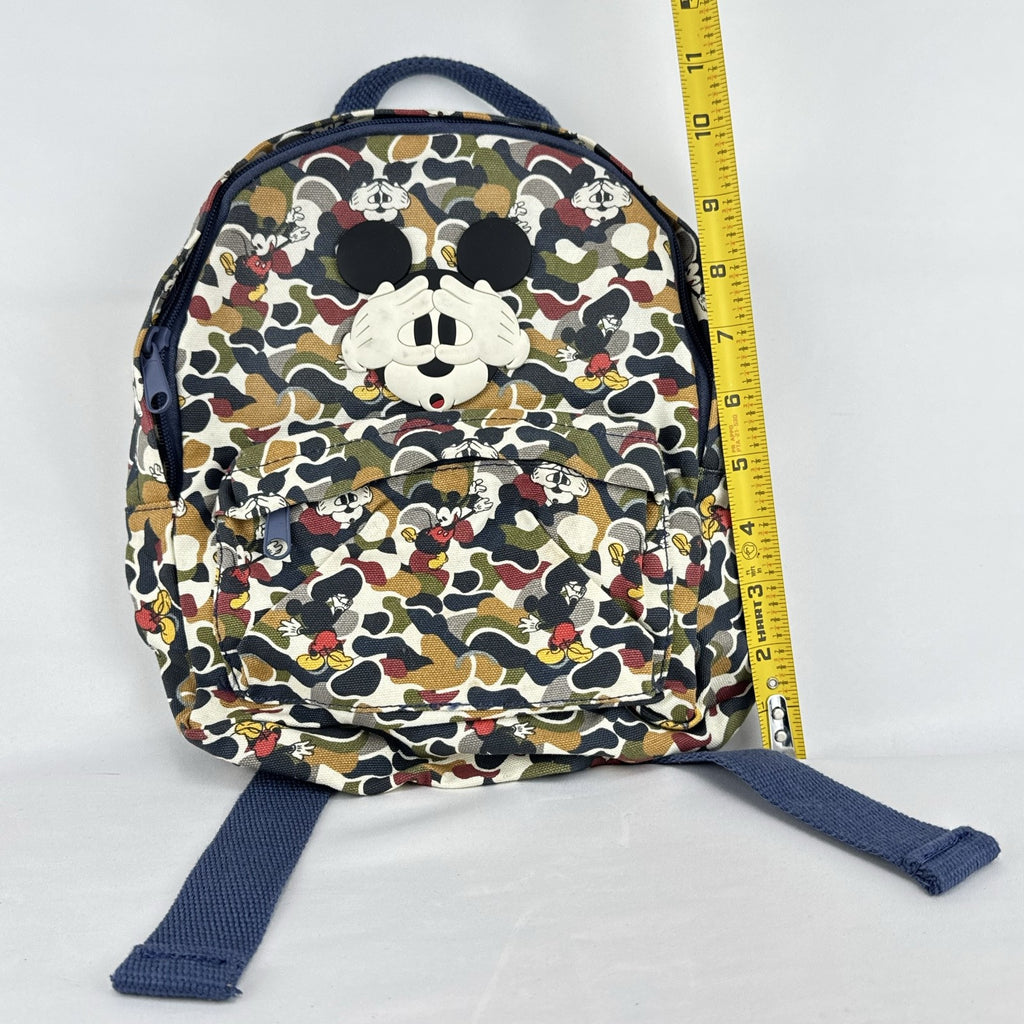 Zara Disney Mickey Mouse mini backpack in multicolor camouflage canvas with front rubber graphic