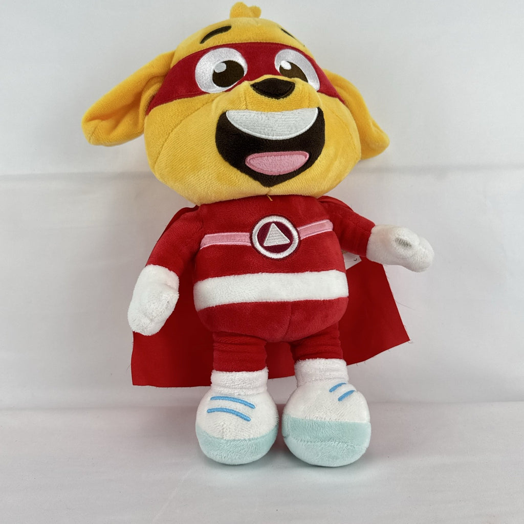 Kiddopia 12-inch yellow superhero dog plush toy wearing a red satin cape and embroidered eye mask.