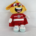 Kiddopia 12-inch yellow superhero dog plush toy wearing a red satin cape and embroidered eye mask.
