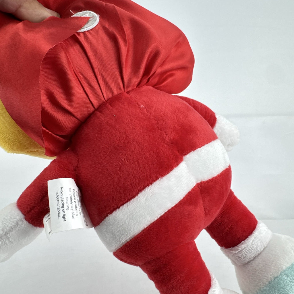 Kiddopia 12-inch yellow superhero dog plush toy wearing a red satin cape and embroidered eye mask.