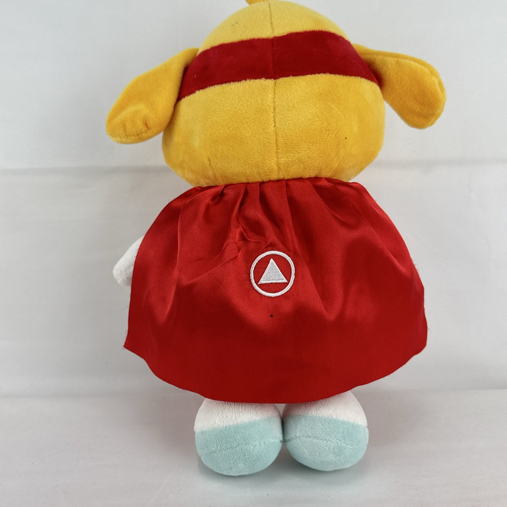 Kiddopia 12-inch yellow superhero dog plush toy wearing a red satin cape and embroidered eye mask.