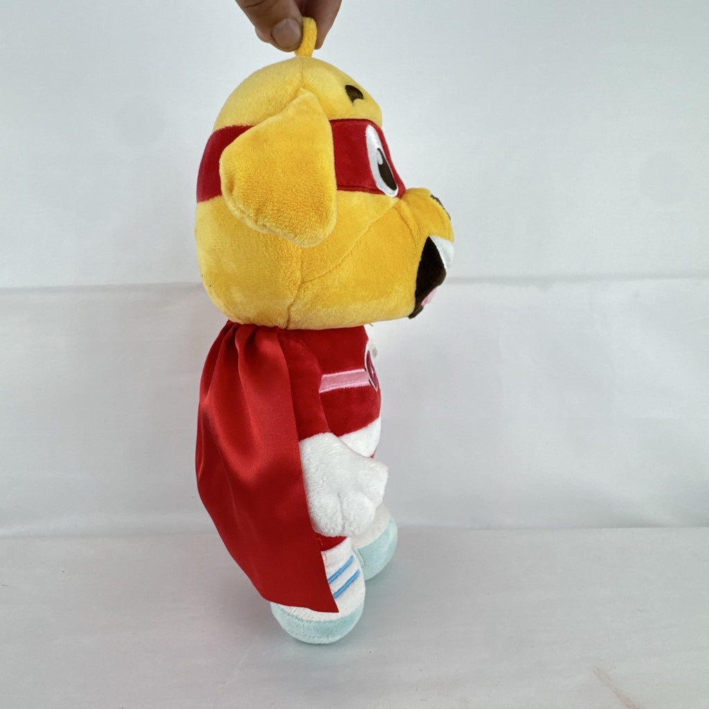 Kiddopia 12-inch yellow superhero dog plush toy wearing a red satin cape and embroidered eye mask.