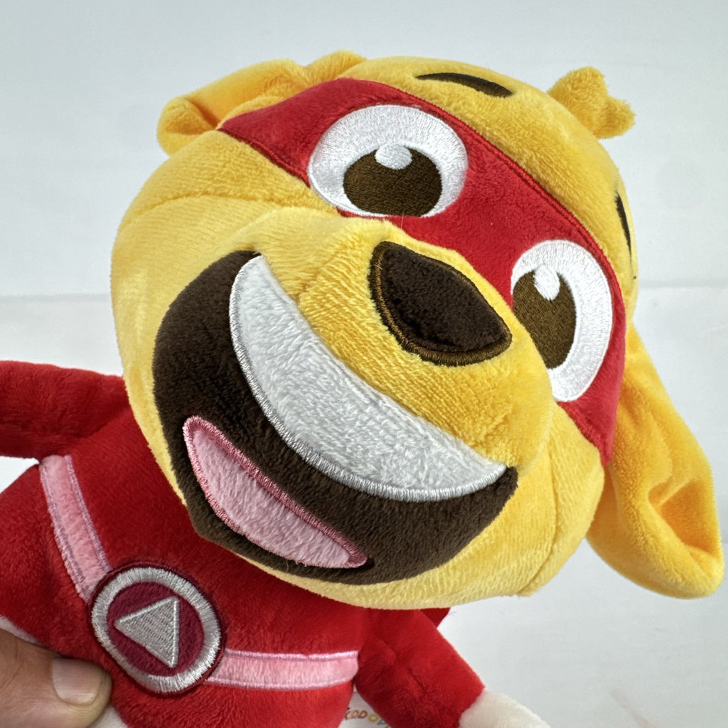 Kiddopia 12-inch yellow superhero dog plush toy wearing a red satin cape and embroidered eye mask.
