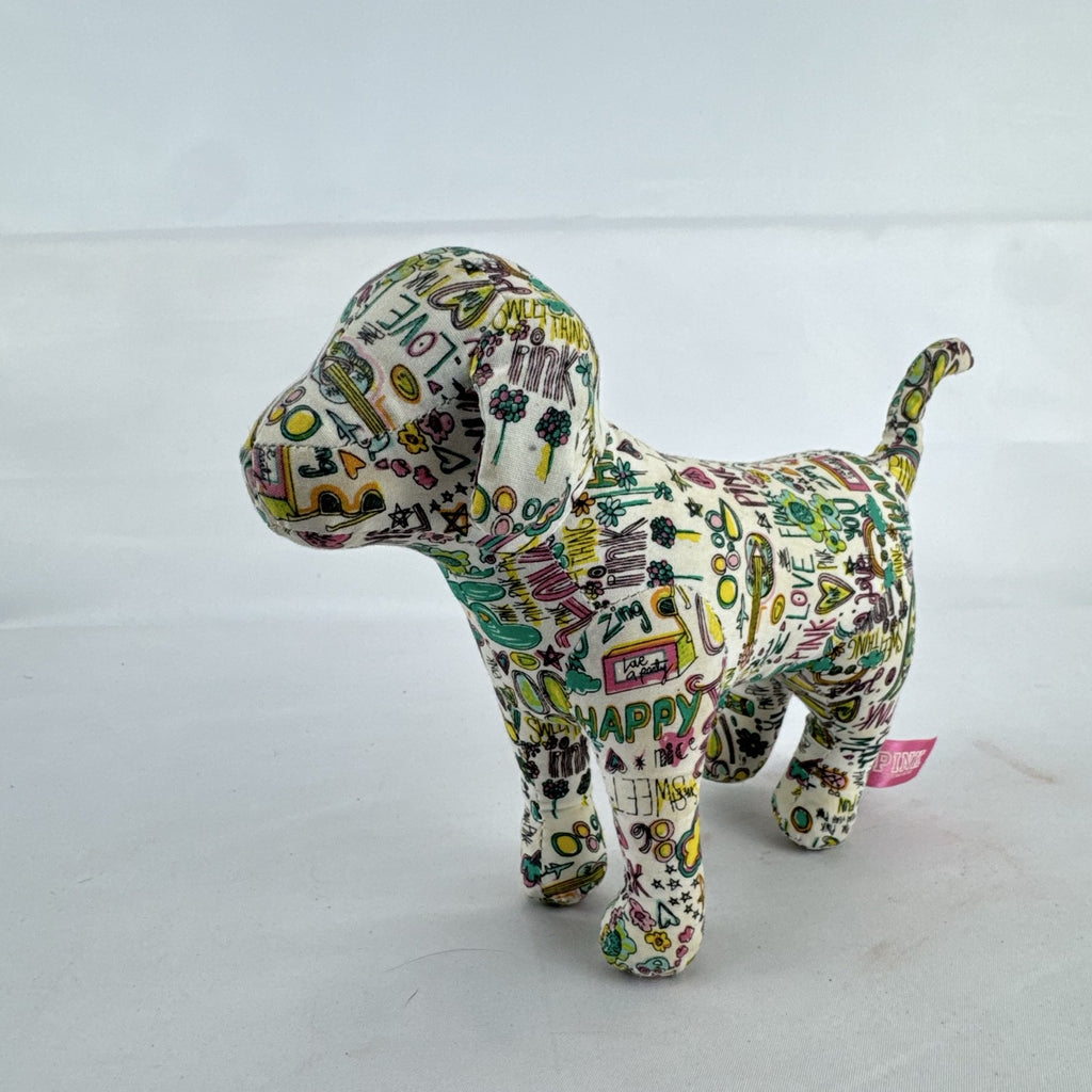 Victoria's Secret PINK 6-inch mascot dog plush in colorful doodle graffiti print