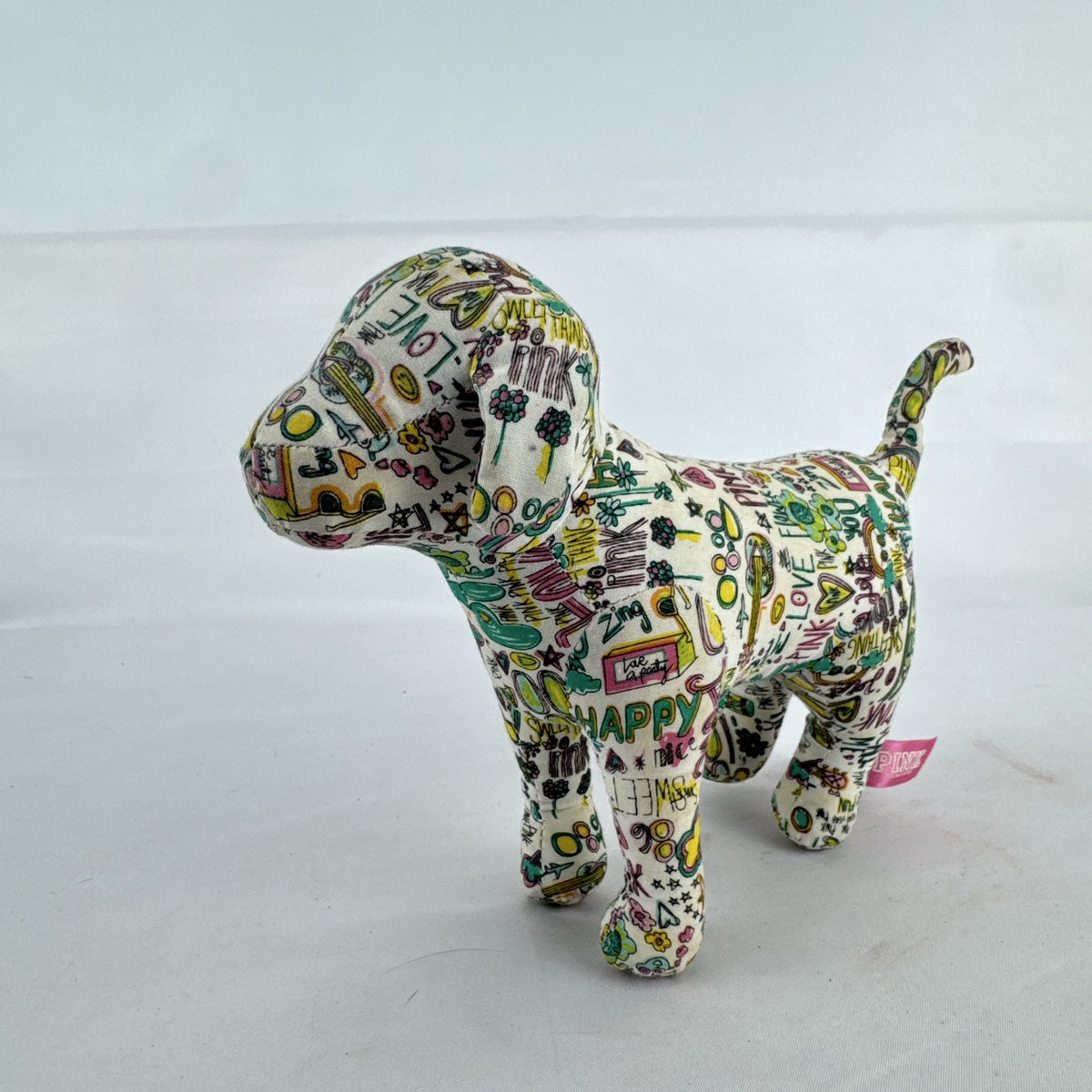 Victoria's Secret PINK 6-inch mascot dog plush in colorful doodle graffiti print