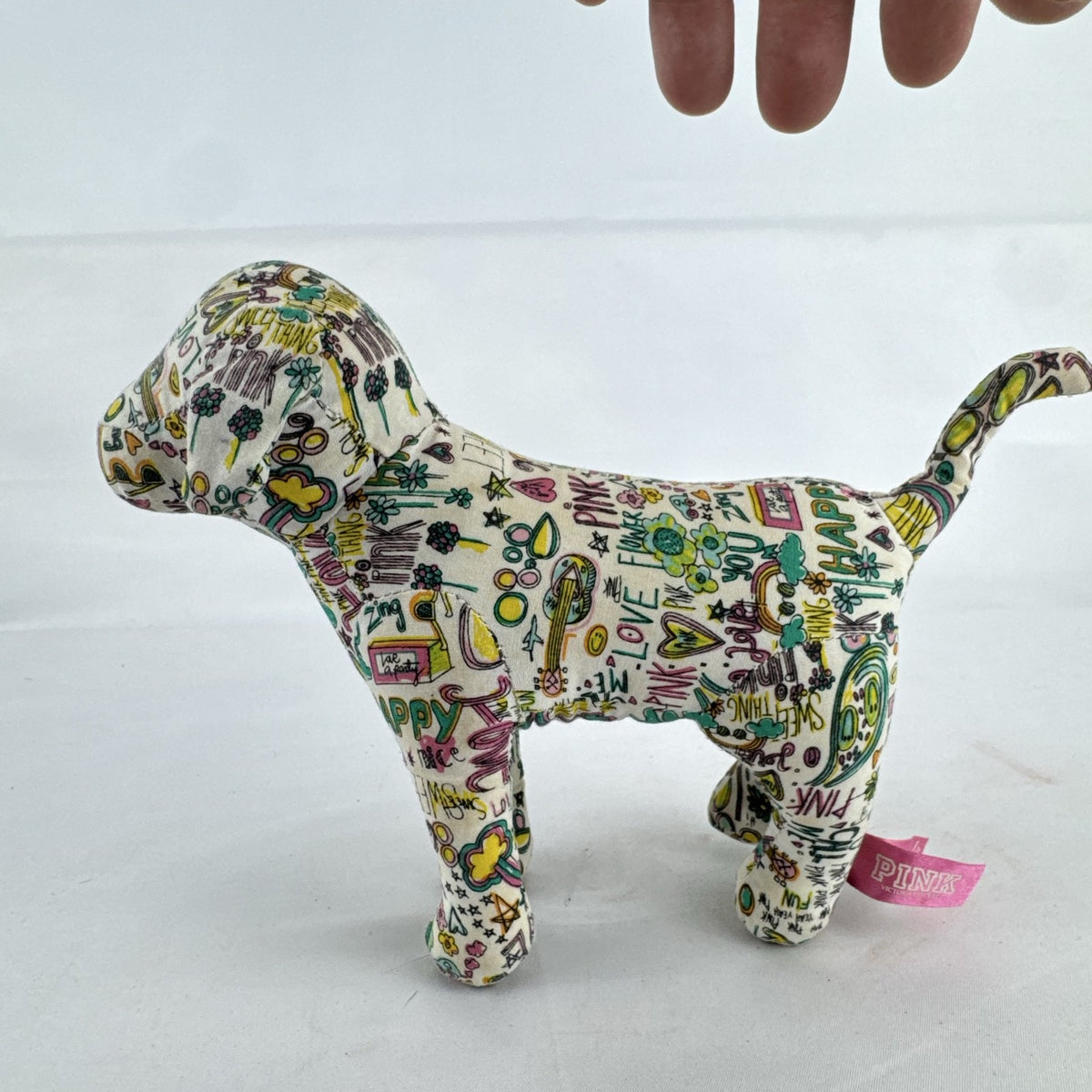 Victoria's Secret PINK 6-inch mascot dog plush in colorful doodle graffiti print