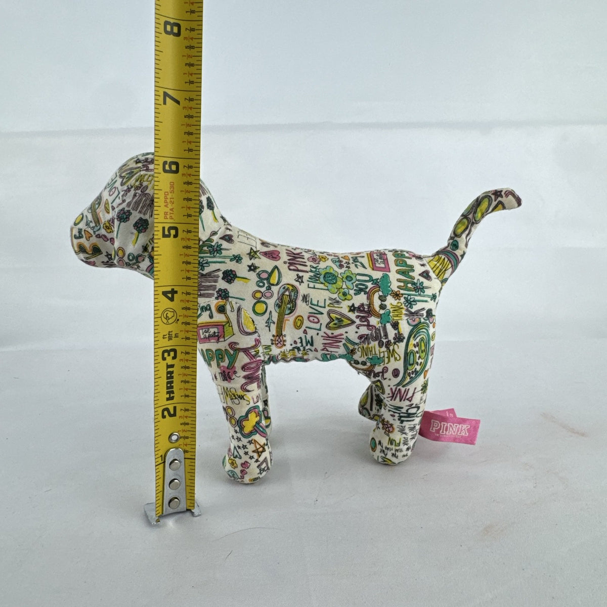 Victoria's Secret PINK 6-inch mascot dog plush in colorful doodle graffiti print