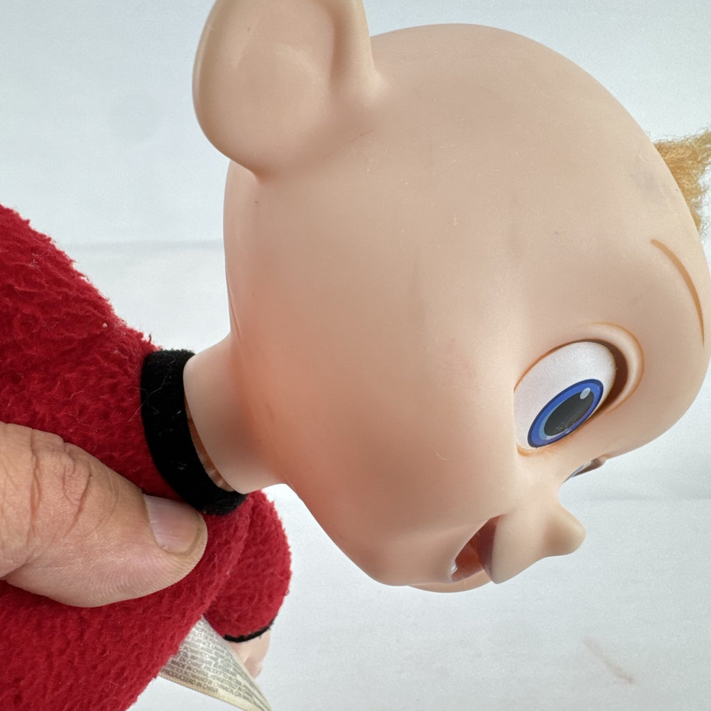 Disney Incredibles Jack-Jack plush doll with vinyl head and rooted hair in a red superhero suit