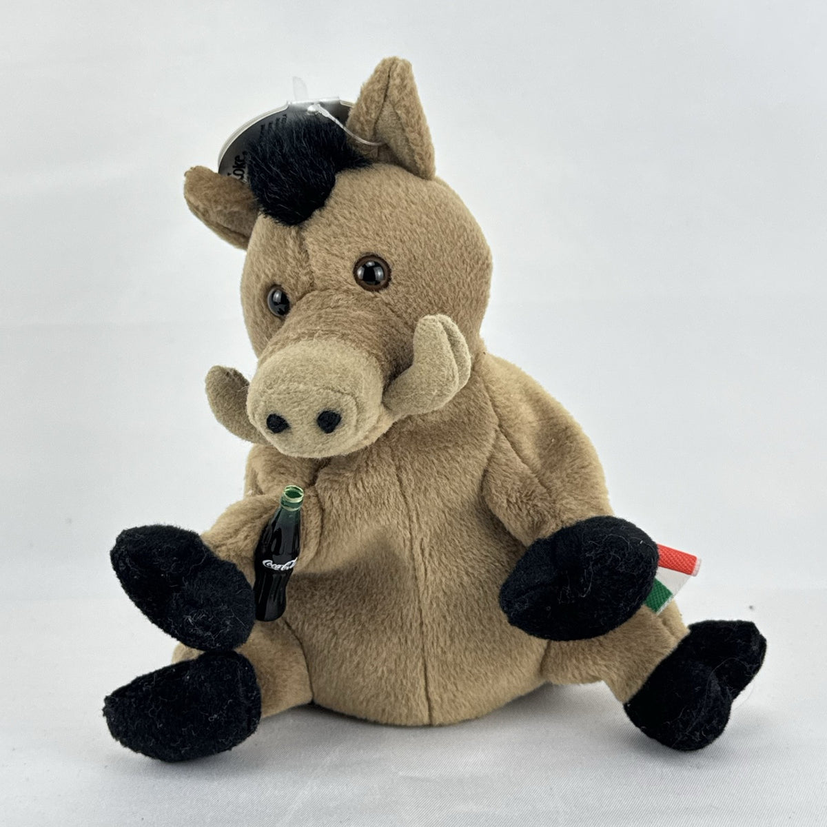 1999 Coca-Cola International collection brown Italy wild boar bean bag plush holding green contour bottle