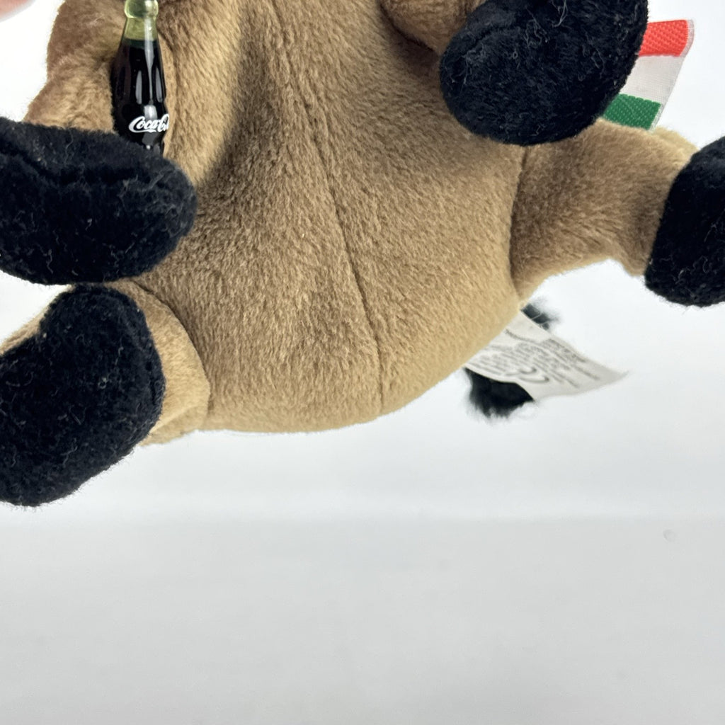 1999 Coca-Cola International collection brown Italy wild boar bean bag plush holding green contour bottle