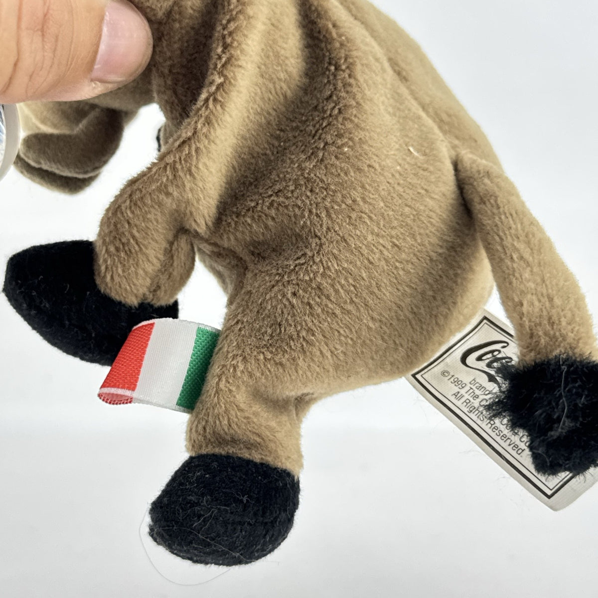 1999 Coca-Cola International collection brown Italy wild boar bean bag plush holding green contour bottle