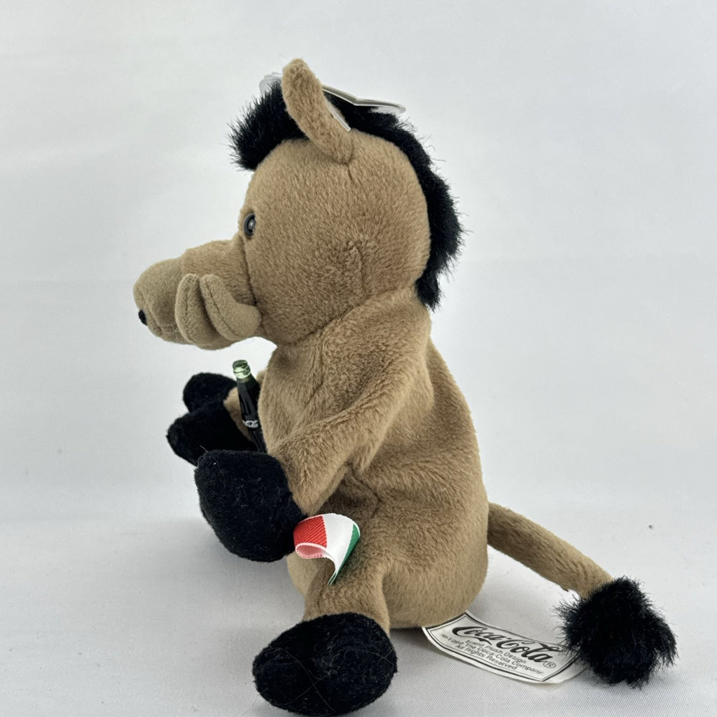 1999 Coca-Cola International collection brown Italy wild boar bean bag plush holding green contour bottle