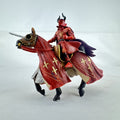 Papo red horned knight holding sword mounted on a Schleich crimson fleur-de-lis barded war horse