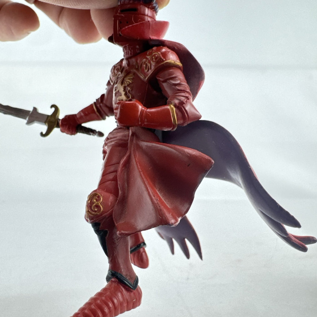 Papo red horned knight holding sword mounted on a Schleich crimson fleur-de-lis barded war horse