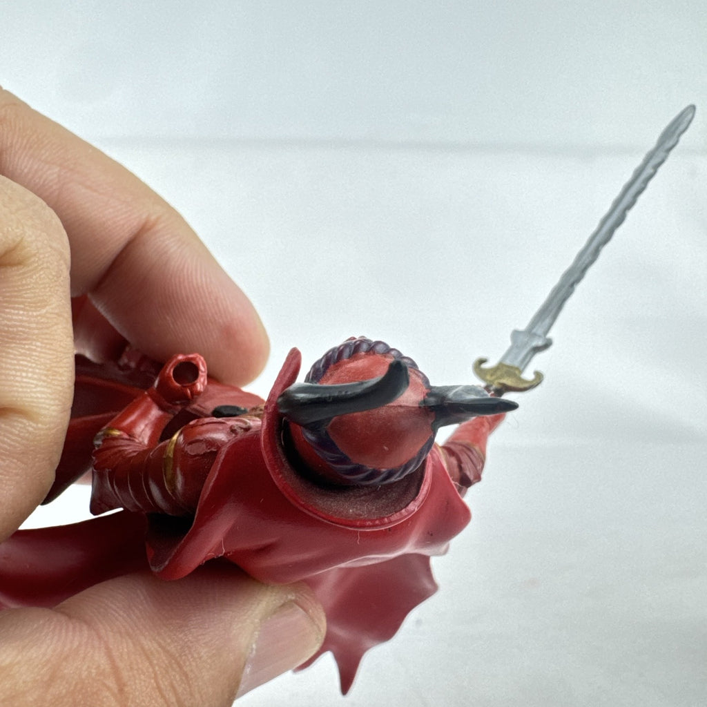Papo red horned knight holding sword mounted on a Schleich crimson fleur-de-lis barded war horse