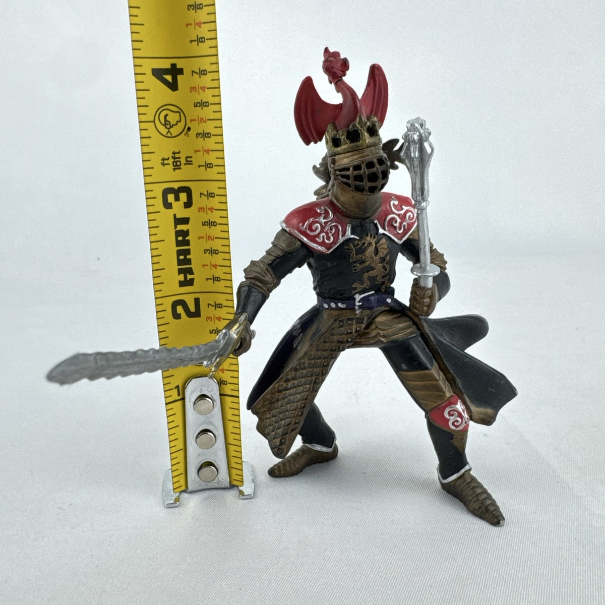 Papo 2004 medieval knight 4-inch action figure with winged dragon crest helmet, wavy sword, and spiked mace