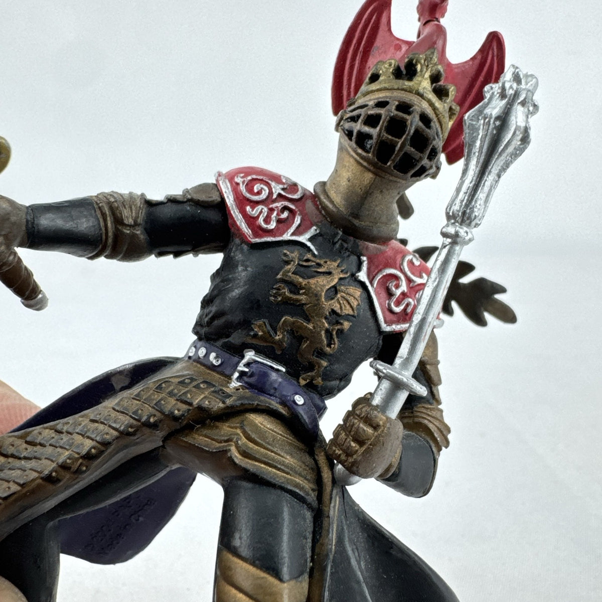Papo 2004 medieval knight 4-inch action figure with winged dragon crest helmet, wavy sword, and spiked mace
