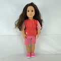 Battat Our Generation 18-inch doll with wavy brown hair, red striped shirt, and pink shorts