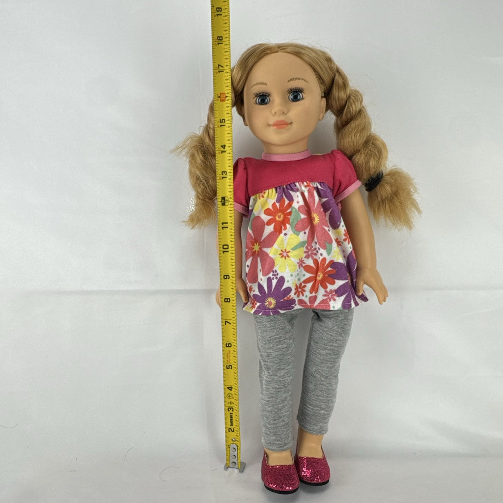 Lovee Doll & Toy Co. 18-inch girl doll with blonde braids, blue eyes, floral top, and pink glitter flats
