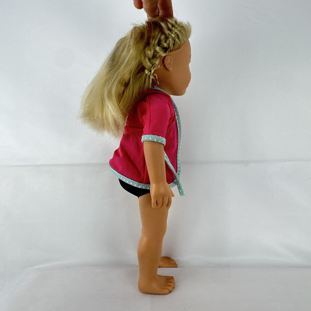 Adora 18-inch blonde doll with blue eyes wearing a navy swimsuit and pink polka dot hooded cover-up