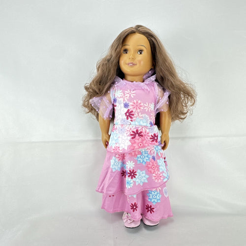 Battat Our Generation 18-inch girl doll with wavy brown hair wearing a pink floral tiered dress and bow shoes