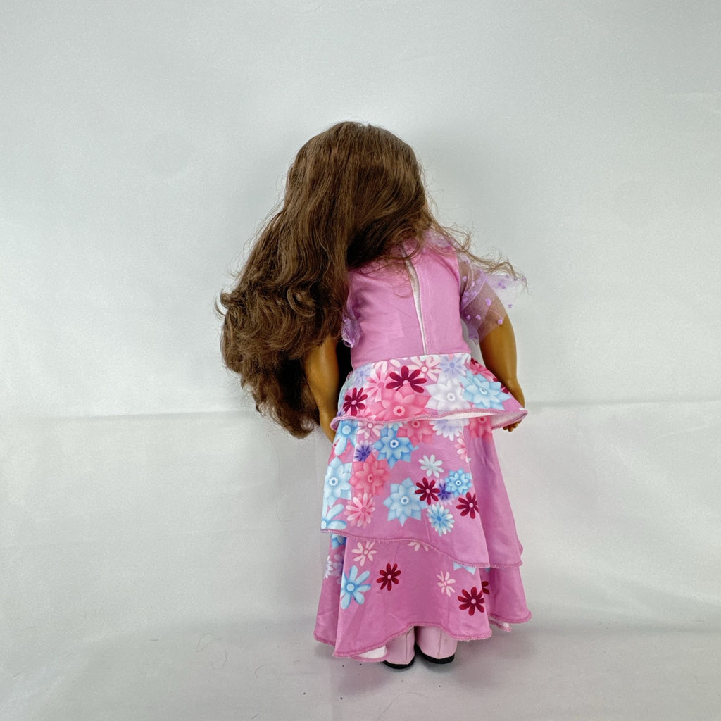 Battat Our Generation 18-inch girl doll with wavy brown hair wearing a pink floral tiered dress and bow shoes