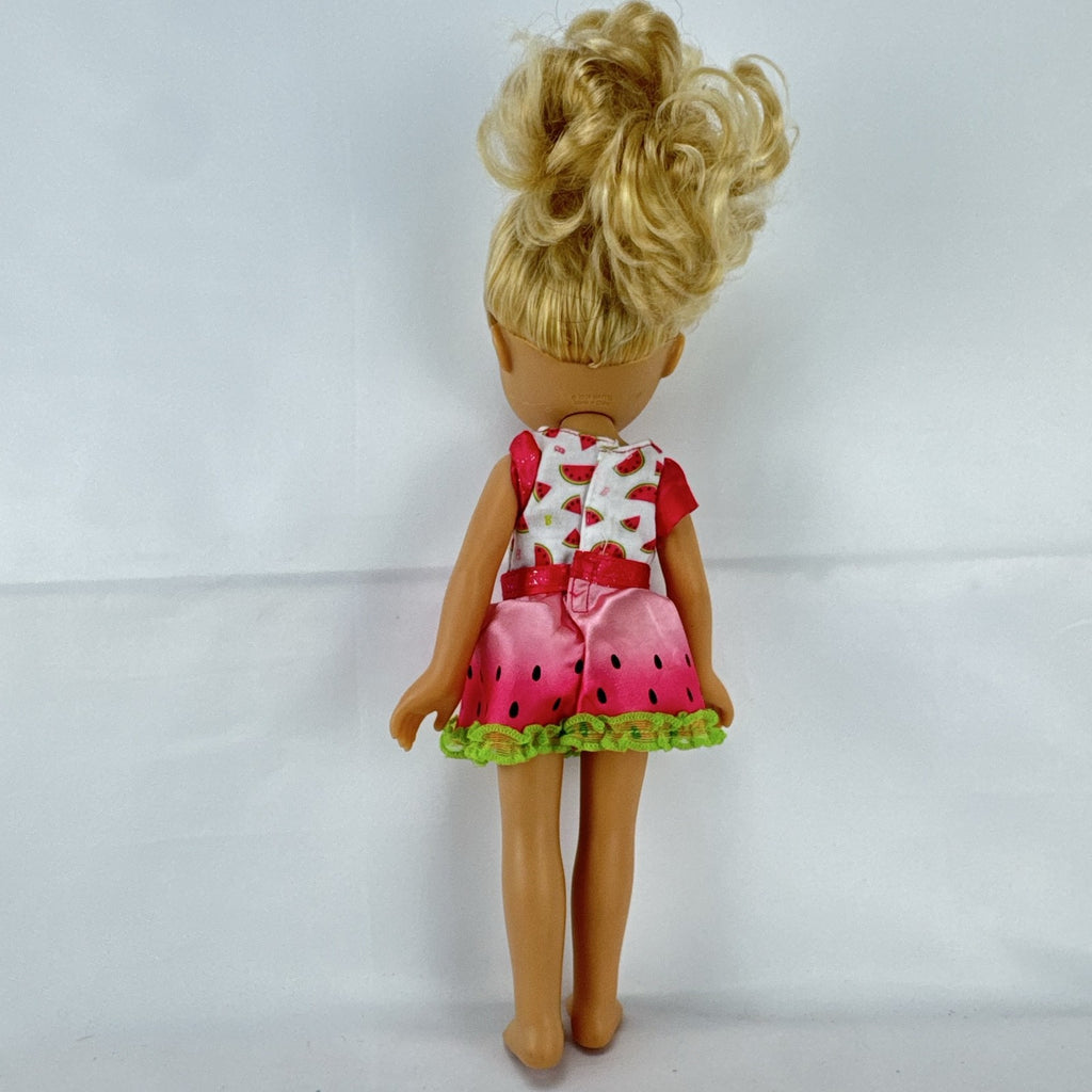 Mattel Barbie 14-inch blonde toddler play doll wearing a watermelon dress with green trim