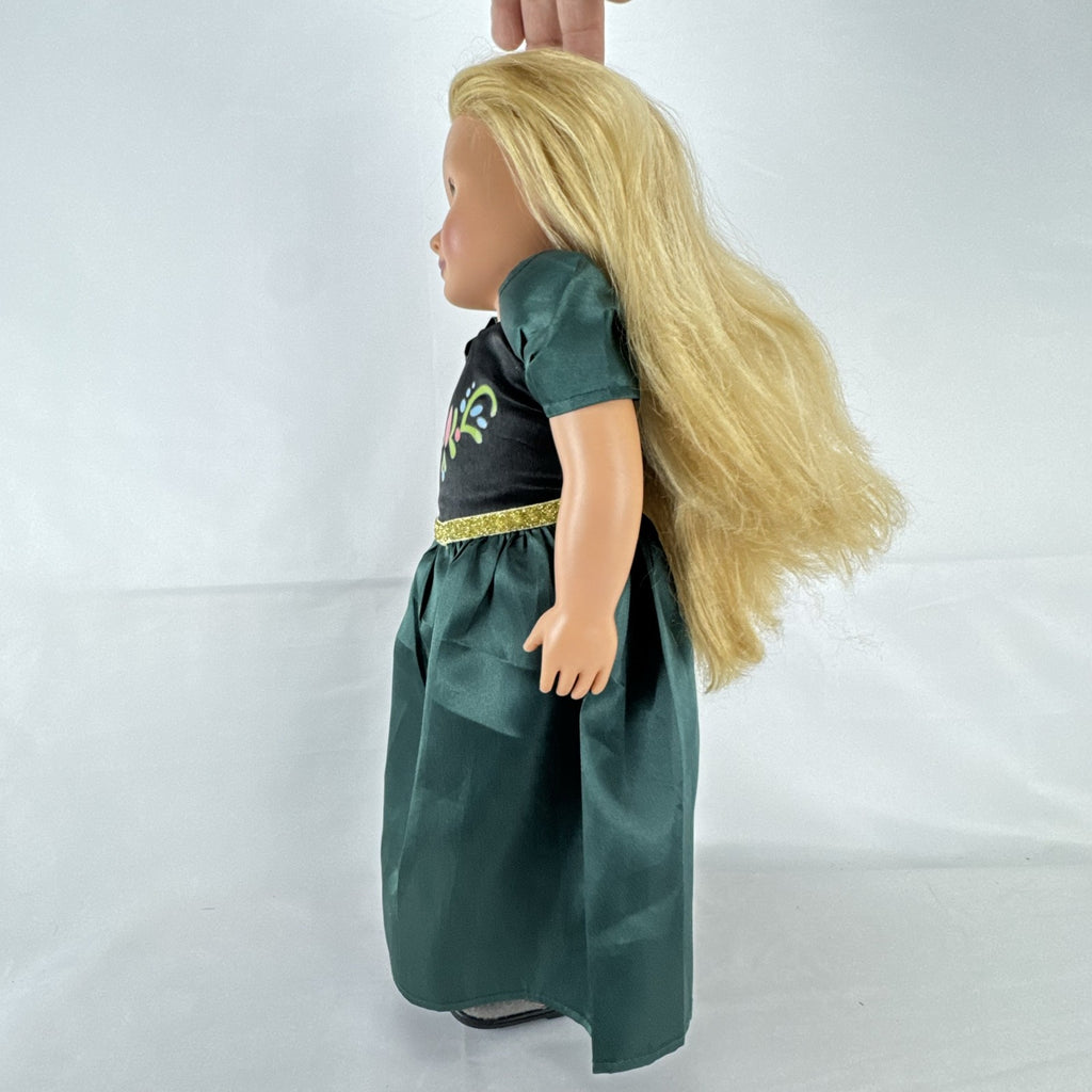 Battat Our Generation 18-inch blonde play doll wearing a green coronation dress and grey shoes