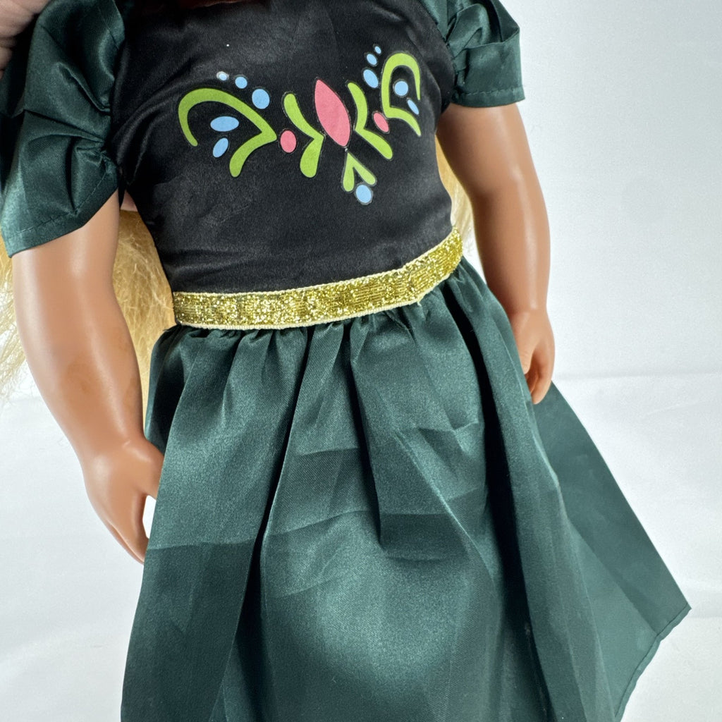 Battat Our Generation 18-inch blonde play doll wearing a green coronation dress and grey shoes