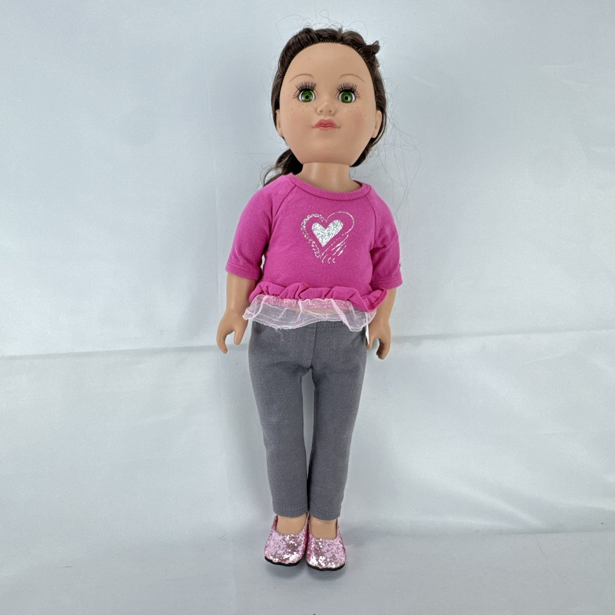 Cititoy My Life As 18-inch doll with brown hair, green eyes, freckles, and pink glitter heart outfit